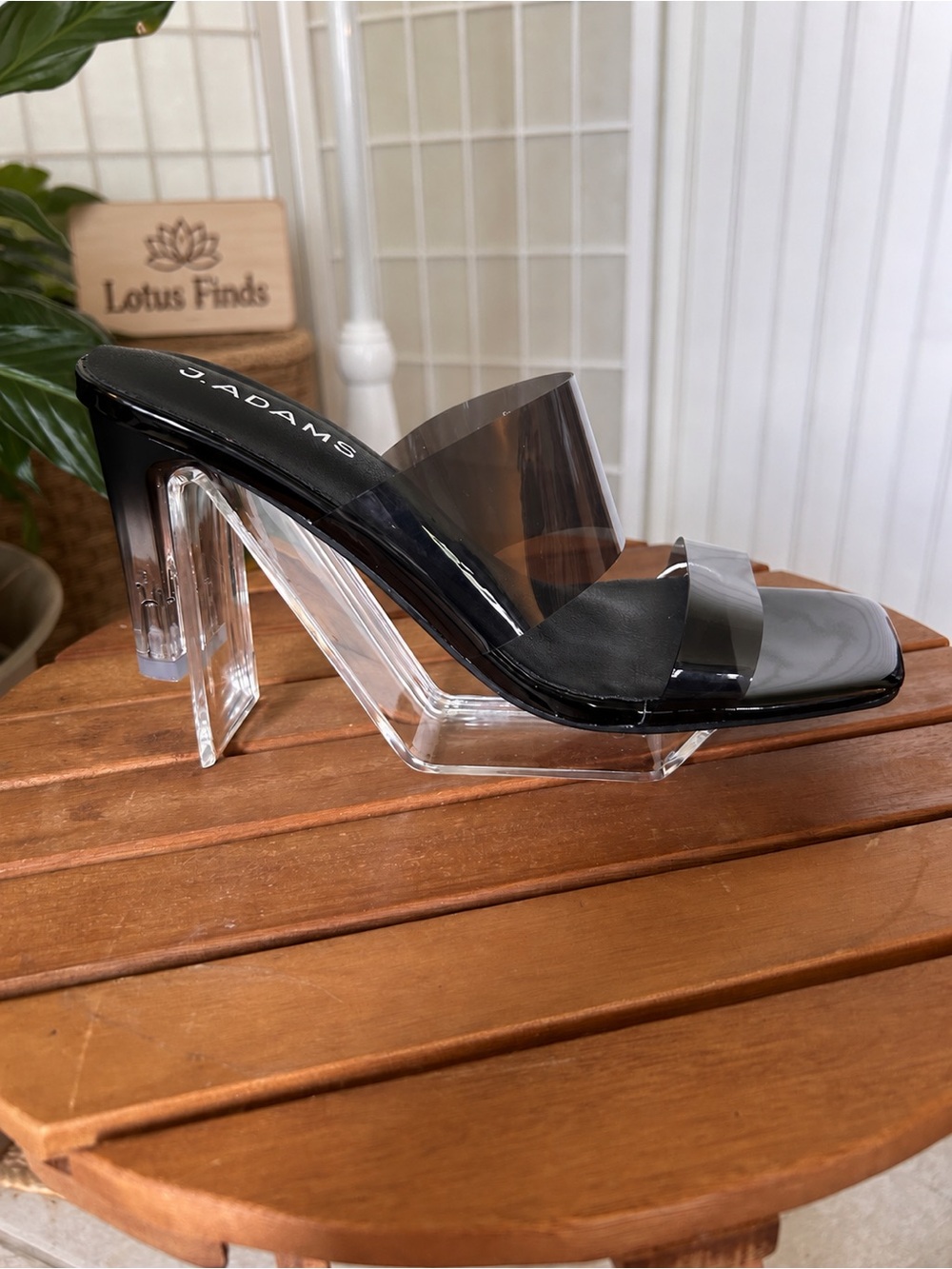 J. Adams Astro Black Clear Strap Lucite Heel Slide Sandals Size 8 NIB